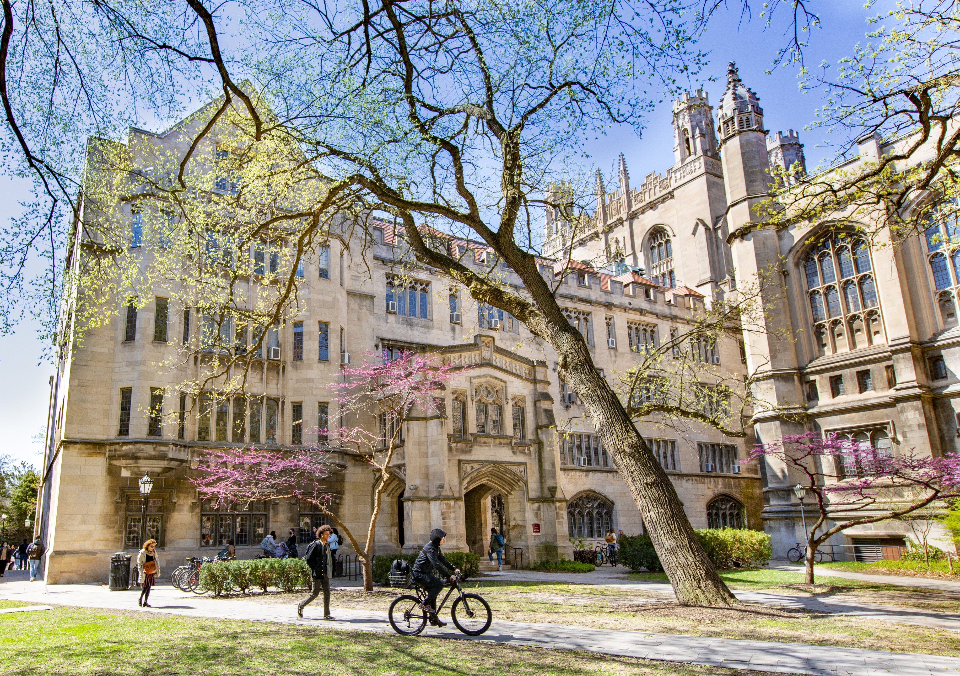 Students and faculty in front of the Social Sciences Research Center in spring