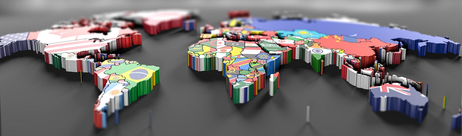 3D rendering of world map with flags