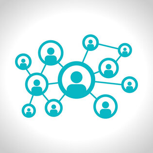 Networking graphic showing teal colored users connected.