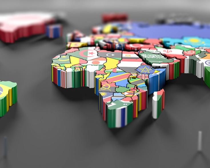 3D rendering of world map with flags