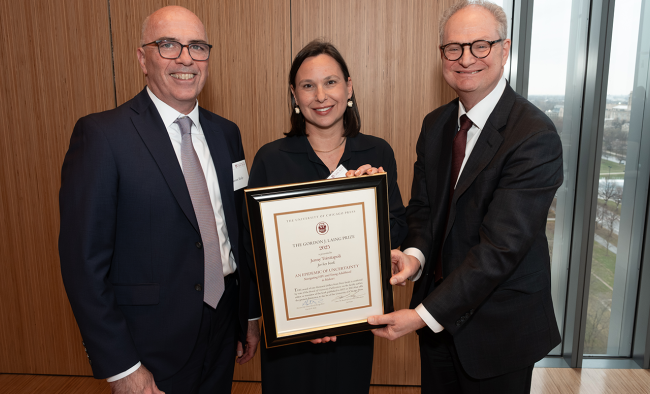 Jenny Trinitapoli, center, receives 2025 gordon j laing prize