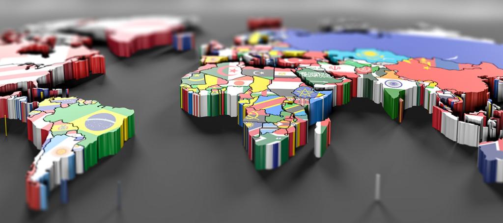 3D rendering of world map with flags