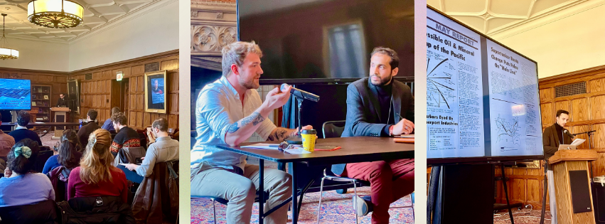 Three photos. First, of a presenter and the audience. Second, of two panelists discussing. Third, of a presenter.